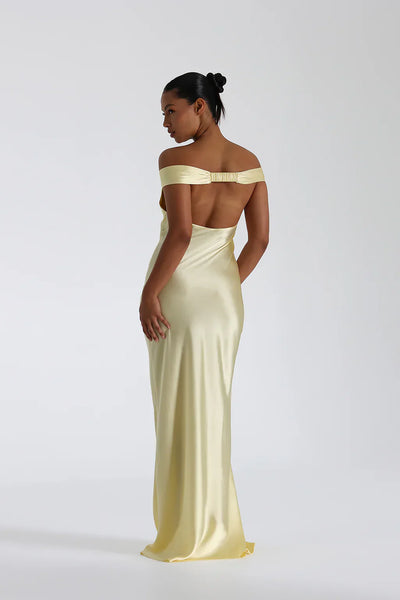 Elegant Women's Satin Evening Dress with Off-the-Shoulder Neckline