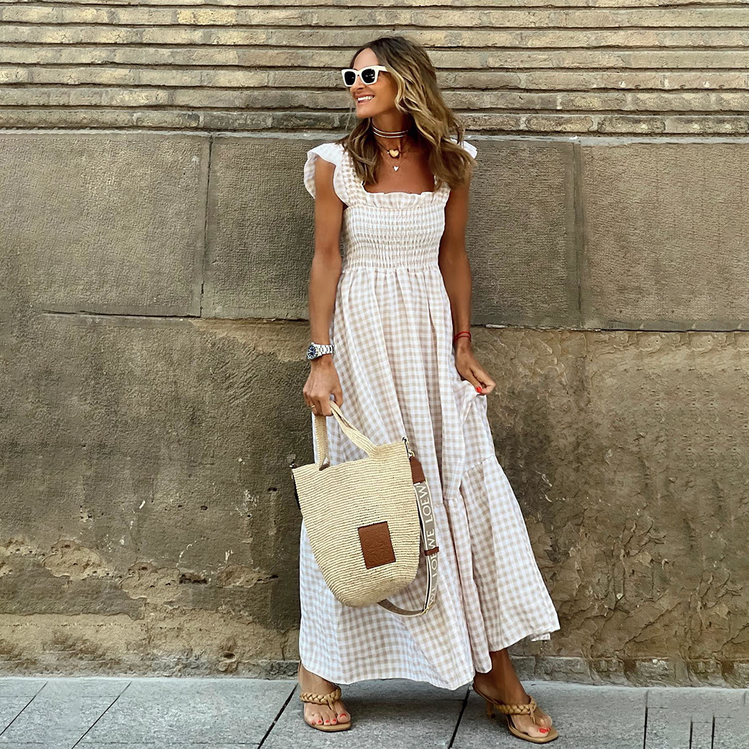 Robe Maxi à Carreaux pour Femme avec Décolleté Carré