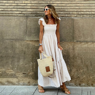 Robe Maxi à Carreaux pour Femme avec Décolleté Carré