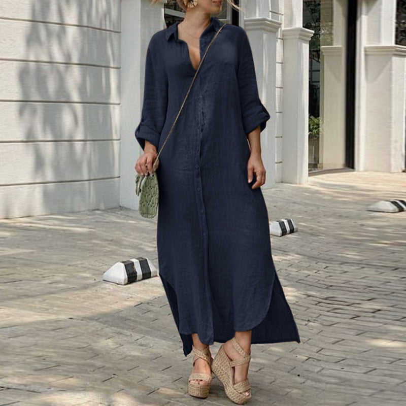 Zoe – Robe longue d'été à manches longues, coupe ample et boutonnée