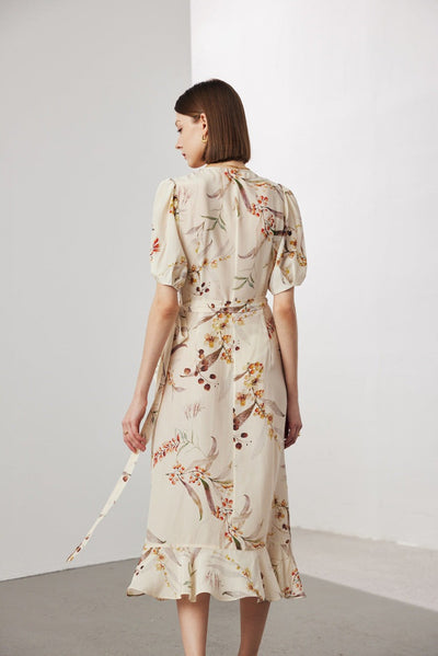 Robe portefeuille mi-longue en soie à fleurs