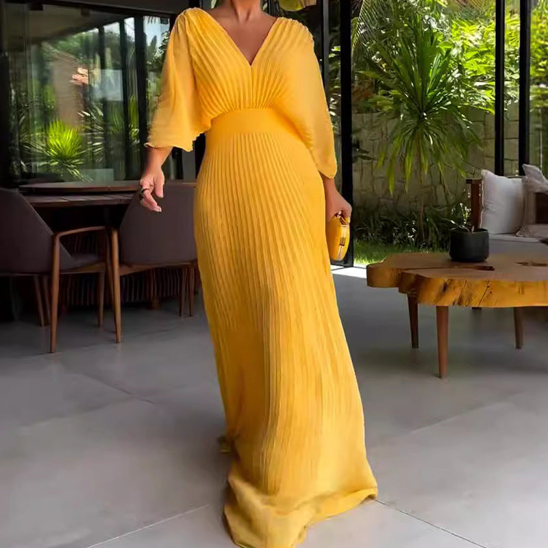 Robe Maxi Femme à Plis et Col en V