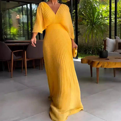 Robe Maxi Femme à Plis et Col en V
