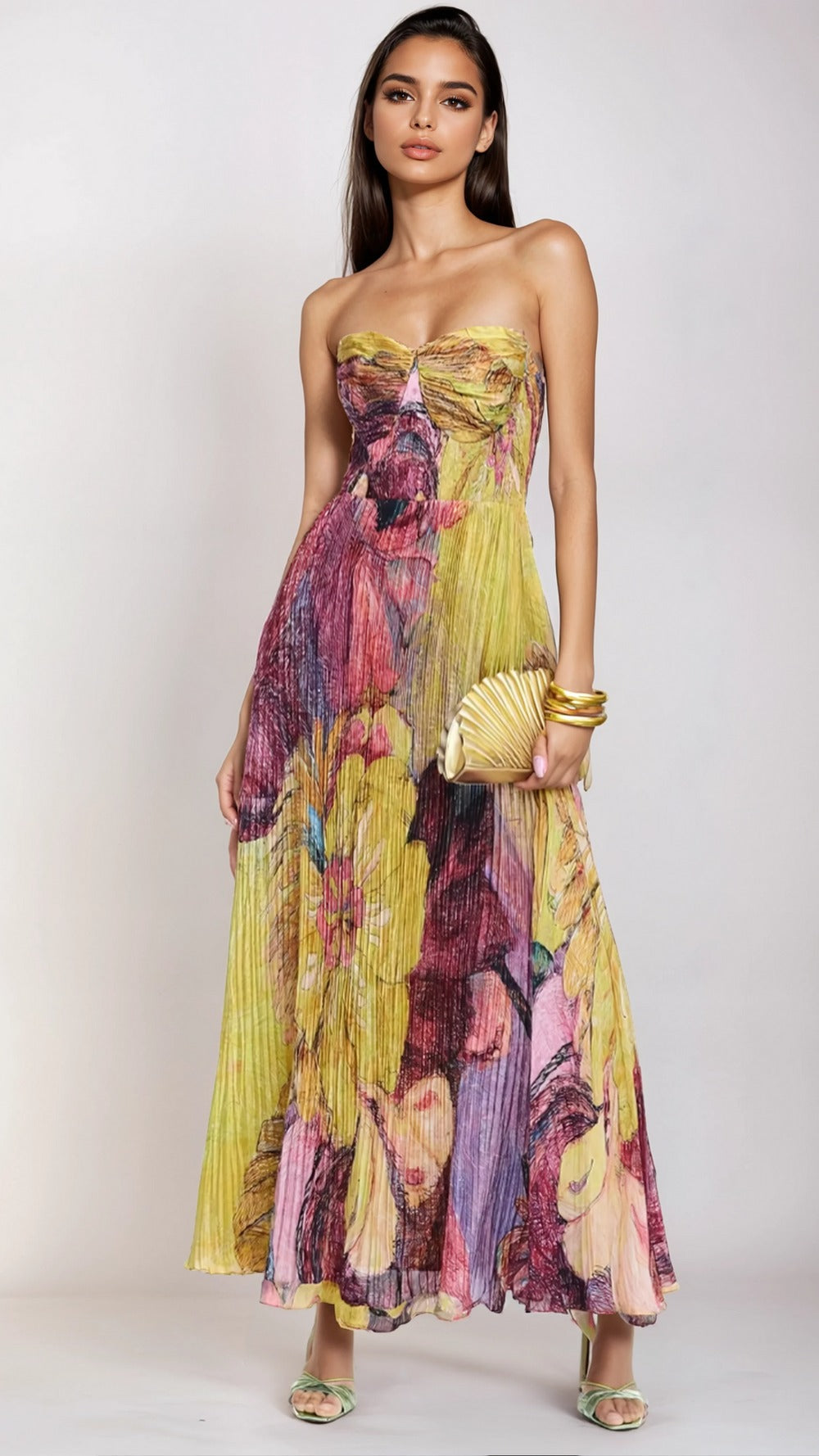 Robe longue plissée à imprimé floral vibrant