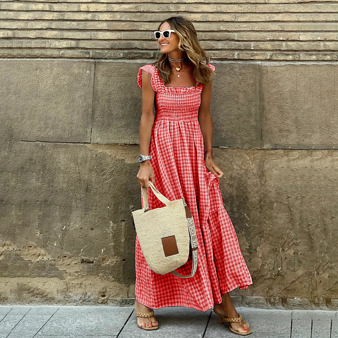 Robe Maxi à Carreaux pour Femme avec Décolleté Carré