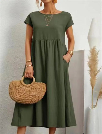 Robe Midi à Manches Courtes et Col Rond avec Poches pour Femme
