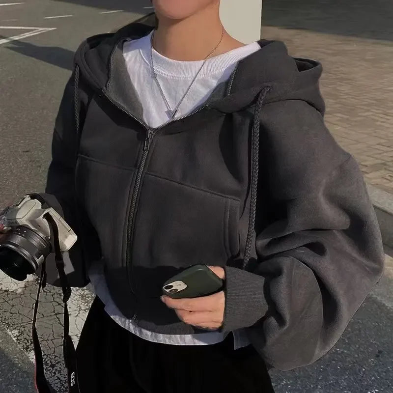 Sweat à capuche zippé court pour femme | Sweat chaud à manches longues