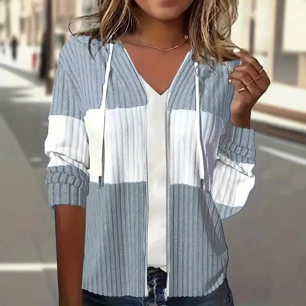 Sweat à capuche zippé en maille côtelée rayée pour femme | Manches longues