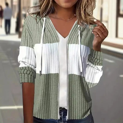 Sweat à capuche zippé en maille côtelée rayée pour femme | Manches longues