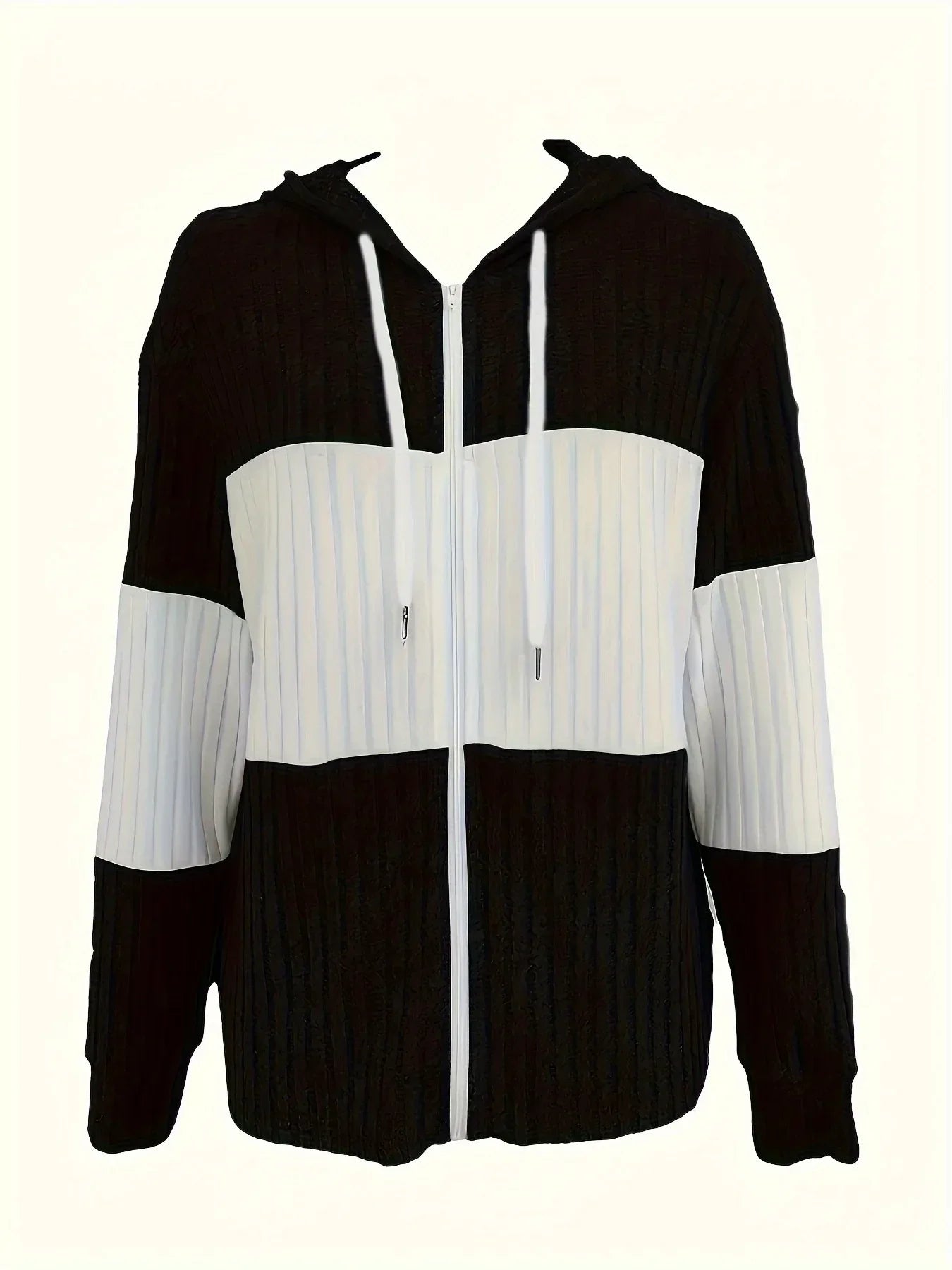 Sweat à capuche zippé en maille côtelée rayée pour femme | Manches longues