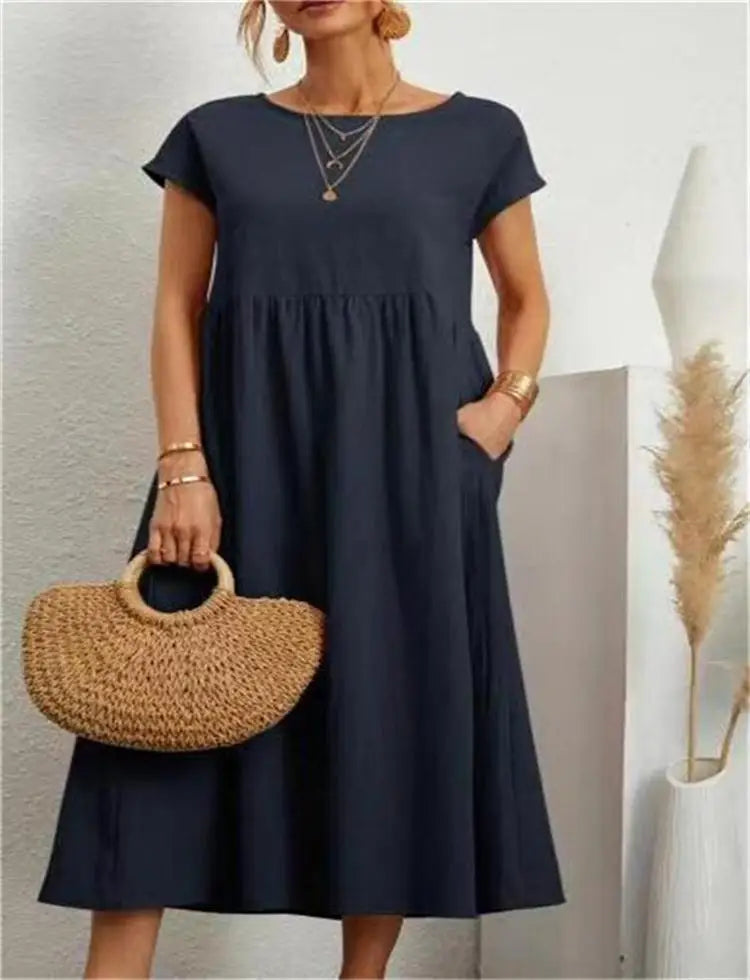 Robe Midi à Manches Courtes et Col Rond avec Poches pour Femme