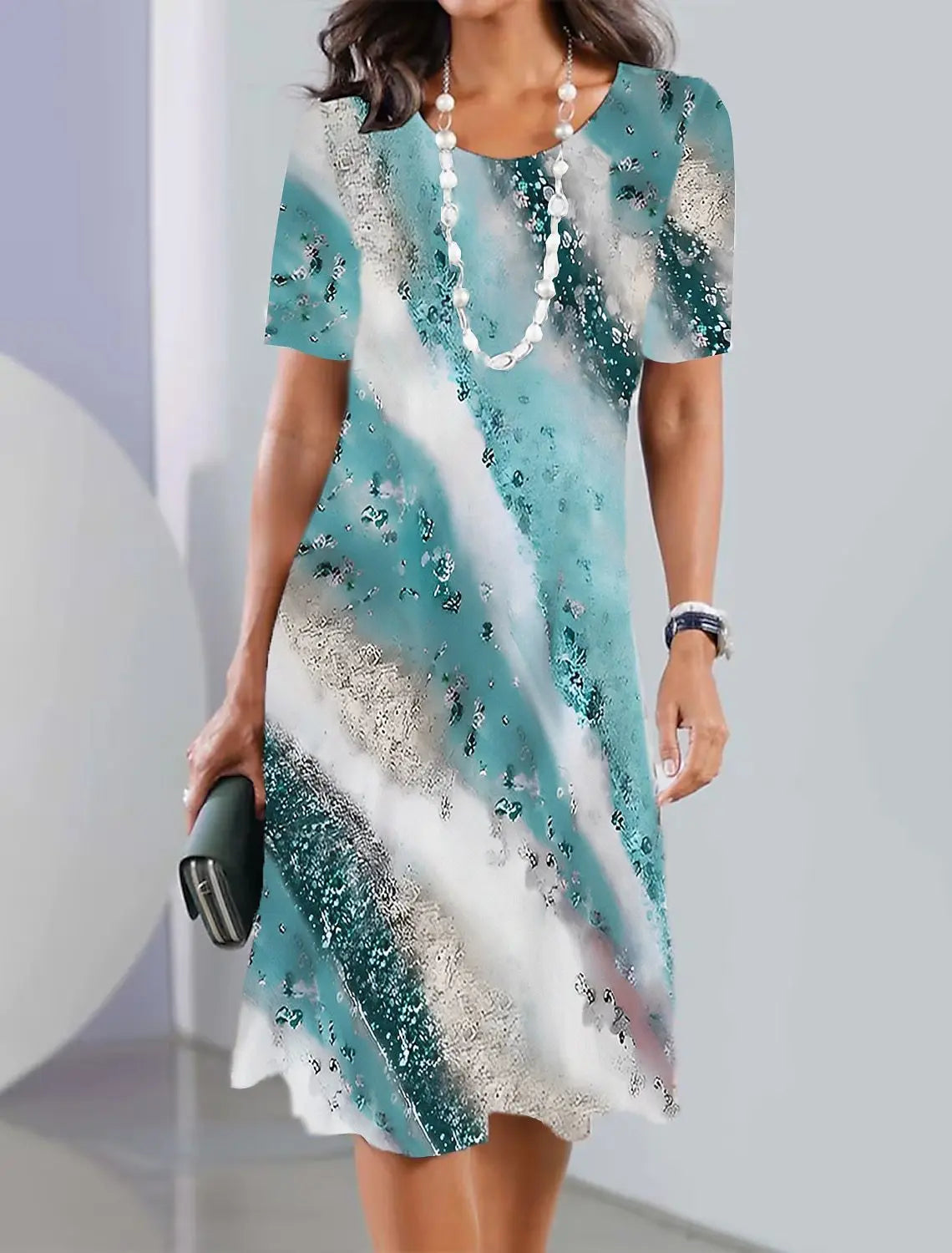 Robe Midi à Manches Courtes pour Femme avec Col ras du cou