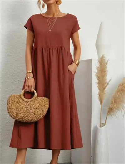 Robe Midi à Manches Courtes et Col Rond avec Poches pour Femme