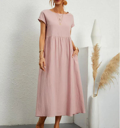 Robe Midi à Manches Courtes et Col Rond avec Poches pour Femme