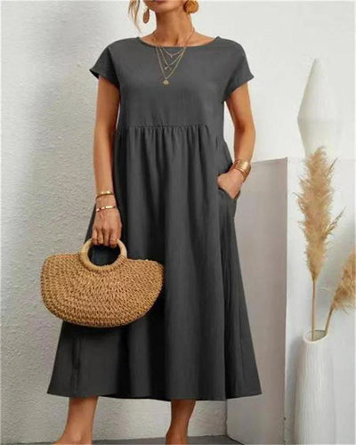 Robe Midi à Manches Courtes et Col Rond avec Poches pour Femme