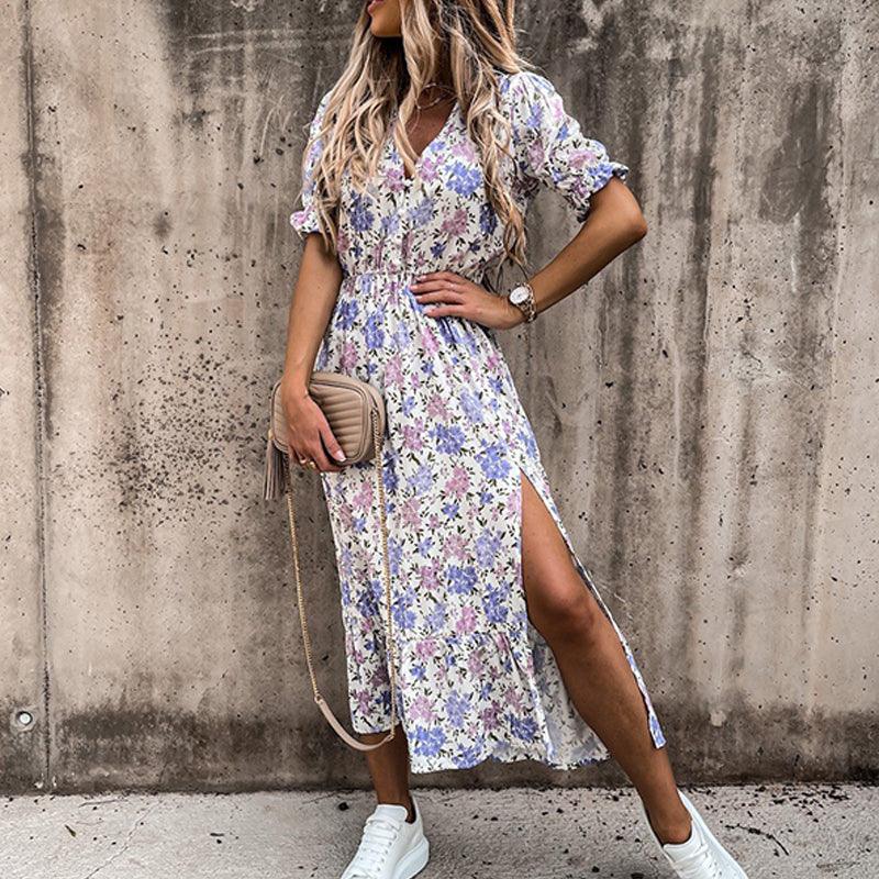 Robe midi à Fleurs et Manches Bouffantes pour Femme