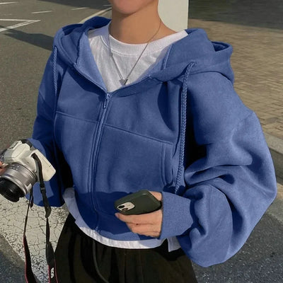 Sweat à capuche zippé court pour femme | Sweat chaud à manches longues