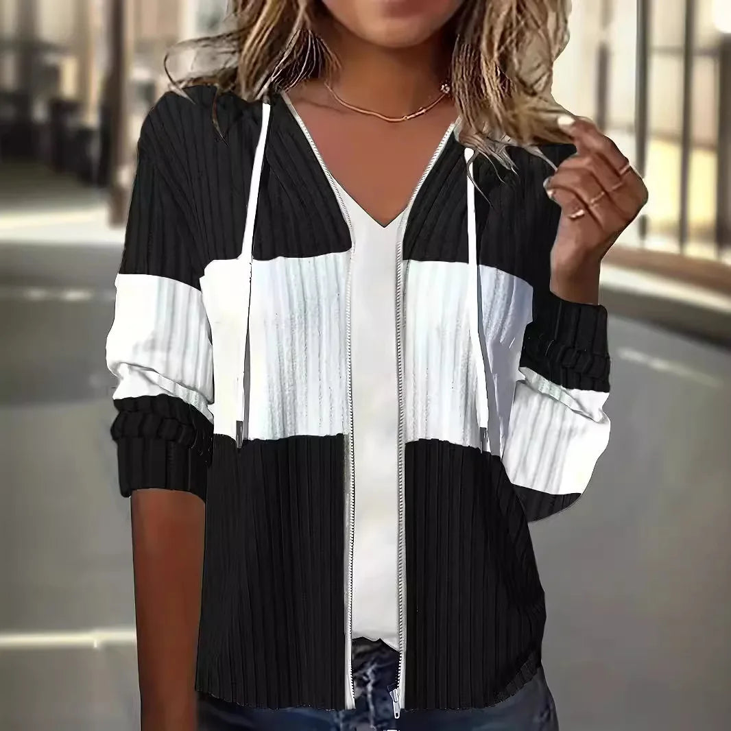 Sweat à capuche zippé en maille côtelée rayée pour femme | Manches longues