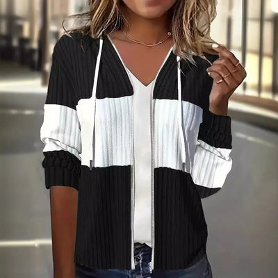 Sweat à capuche zippé en maille côtelée rayée pour femme | Manches longues