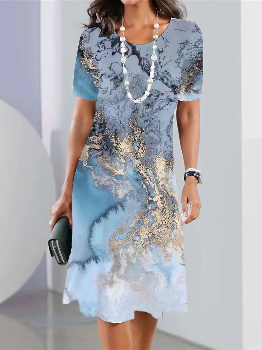 Robe Midi à Manches Courtes pour Femme avec Col ras du cou