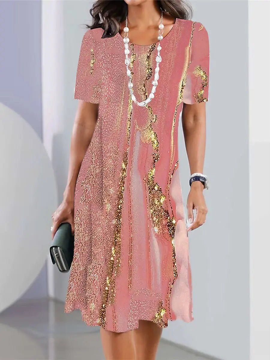 Robe Midi à Manches Courtes pour Femme avec Col ras du cou