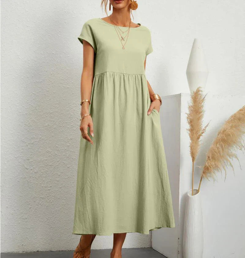 Robe Midi à Manches Courtes et Col Rond avec Poches pour Femme