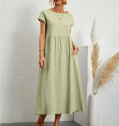 Robe Midi à Manches Courtes et Col Rond avec Poches pour Femme