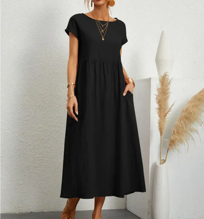 Robe Midi à Manches Courtes et Col Rond avec Poches pour Femme