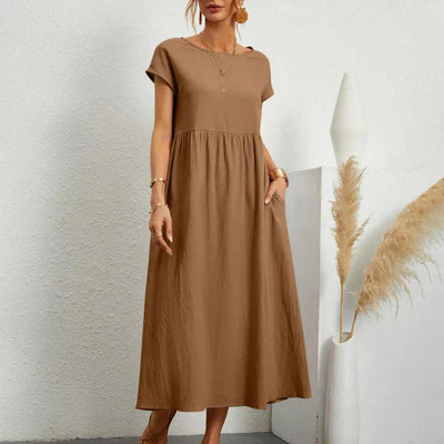 Robe Midi à Manches Courtes et Col Rond avec Poches pour Femme
