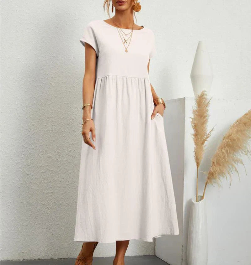 Robe Midi à Manches Courtes et Col Rond avec Poches pour Femme