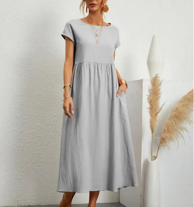 Robe Midi à Manches Courtes et Col Rond avec Poches pour Femme