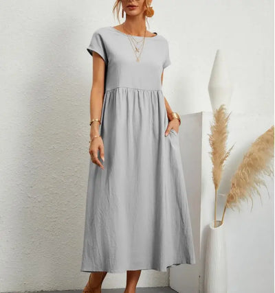 Robe Midi à Manches Courtes et Col Rond avec Poches pour Femme