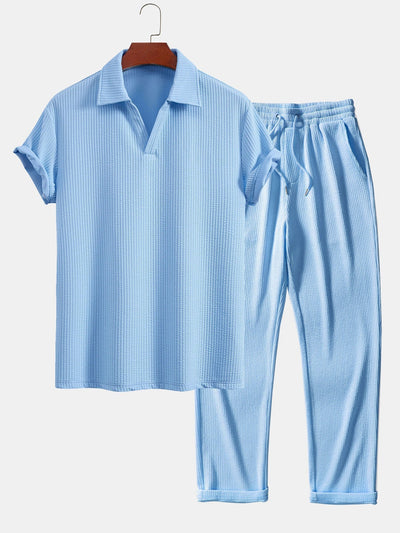 Short Sleeved V-Neck Ribbed Polo & Straight Leg Ribbed Pants