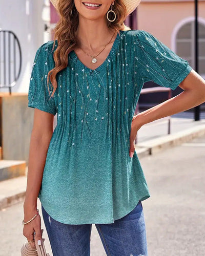 T-Shirt Col En V Décontracté Imprimé À Manches Courtes