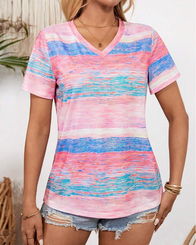 T-Shirt Col En V Rayé Multicolore Polyvalent