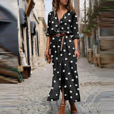 Robe Midi à Pois pour Femme avec Manches Longues et Boutonnage