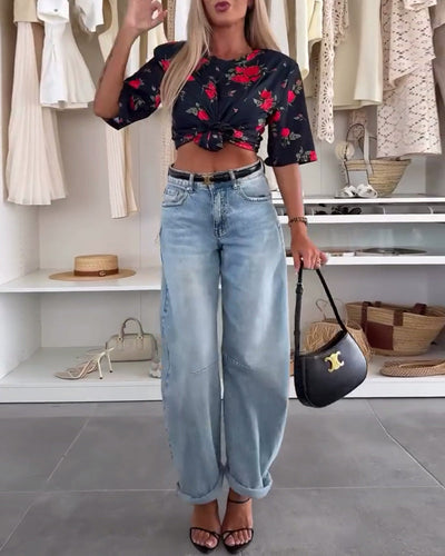 T-Shirt Col Rond Imprimé Florale Manches Courtes