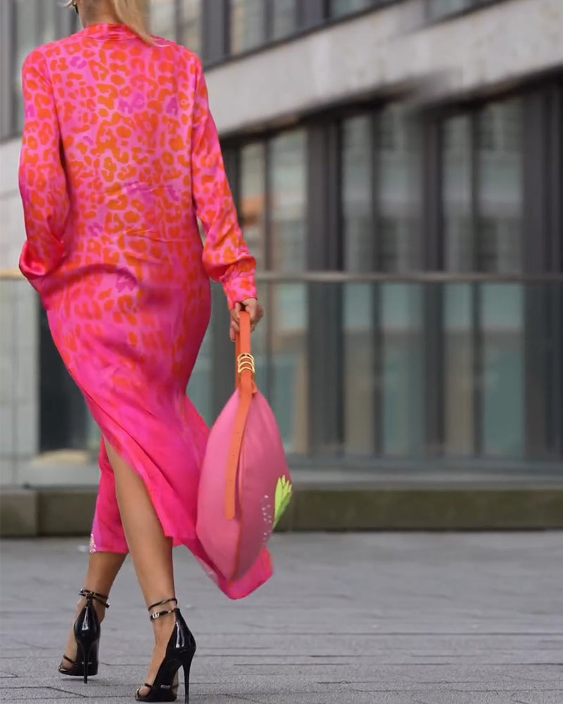 Robe Manches Longues Imprimé Léopard Fente