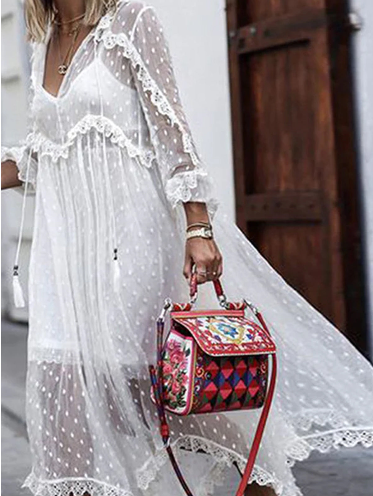 Sophie Paris® | Robe longue en jacquard à pois transparents manches longues