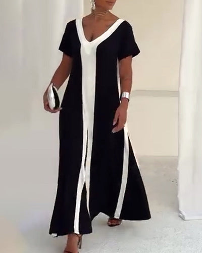 Robe Tempérament Col V Couleur Contrastée