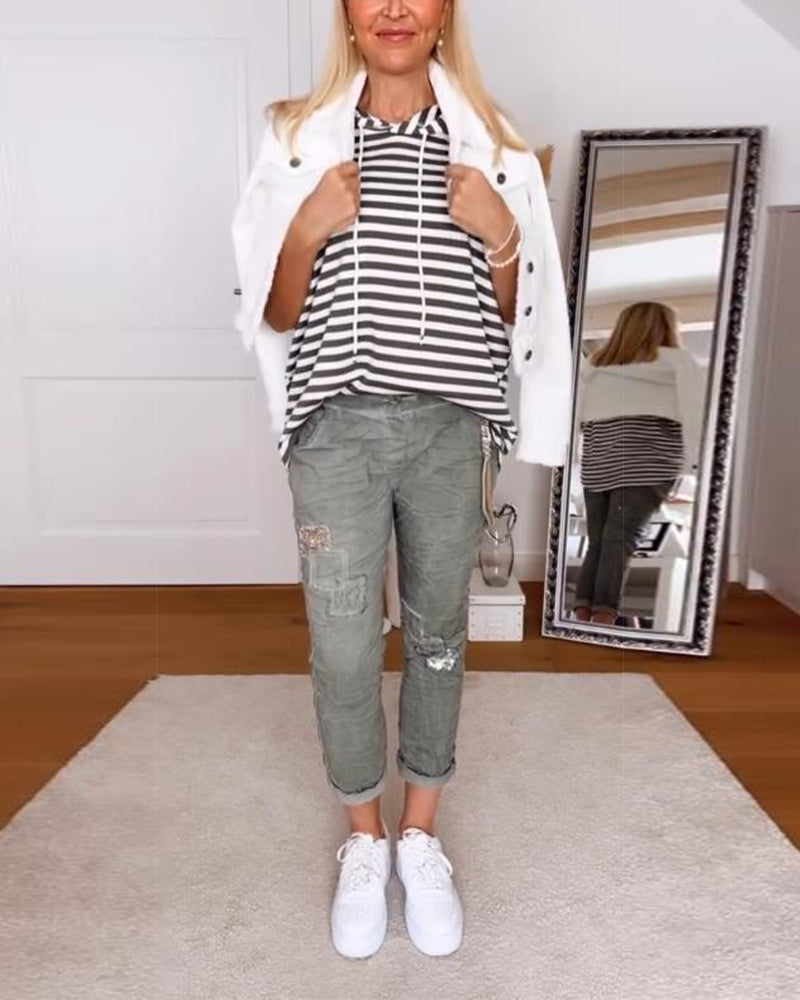 T-Shirt À Capuche Décontracté Rayé