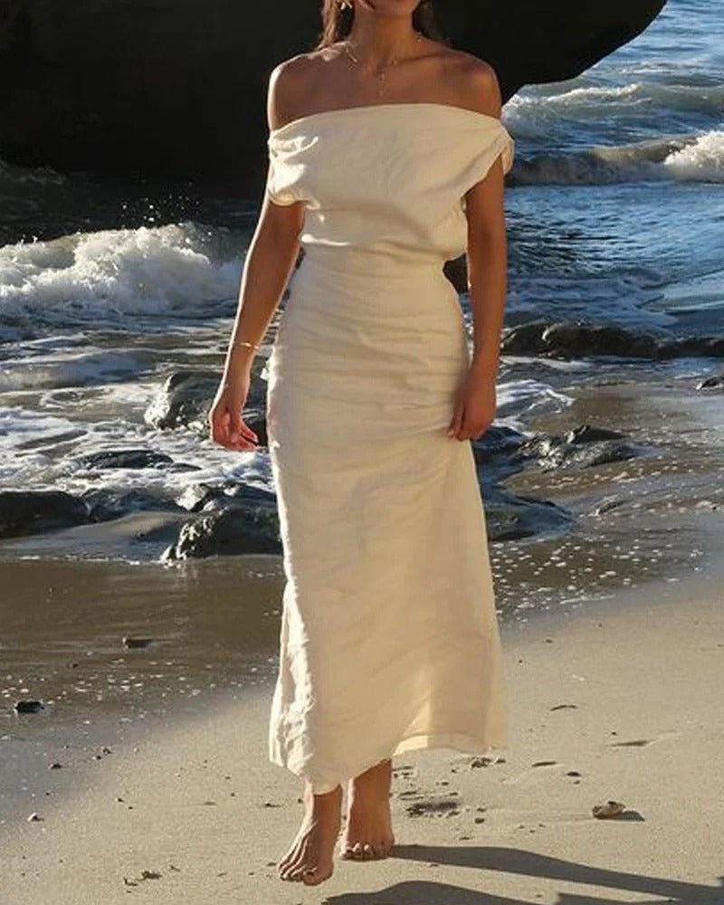 Robe tendance en coton et lin à épaules inclinées