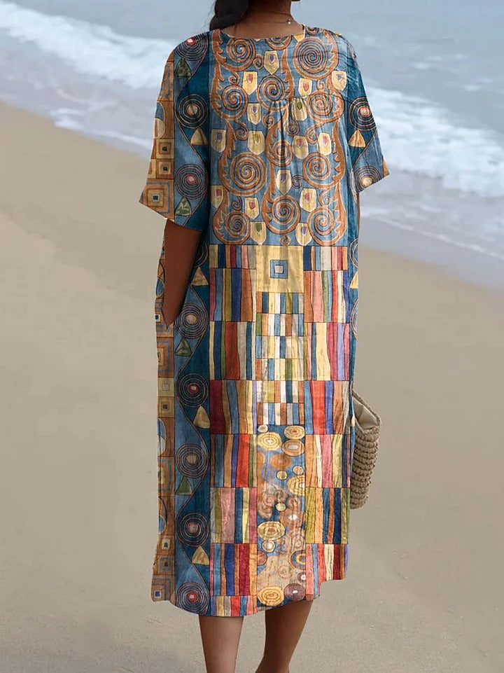 Robe portefeuille sans manches en coton avec imprimé artistique géométrique abstrait pour femmes