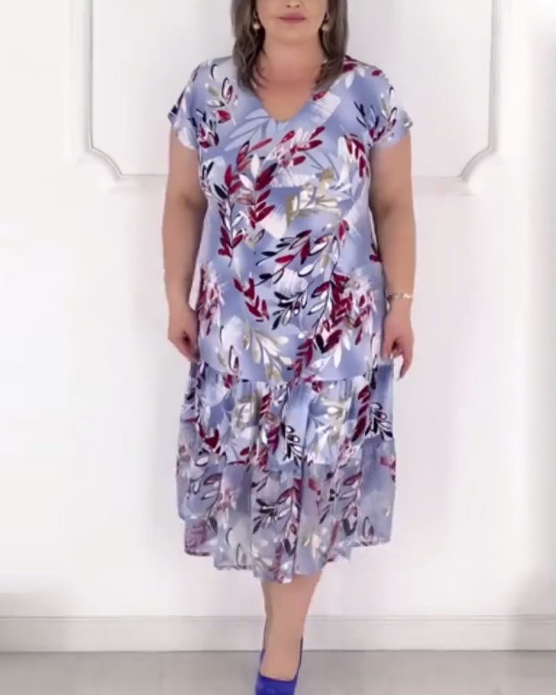 Robe Manches Courtes Col En V Imprimée Élégante