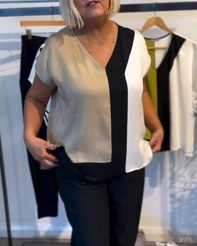 T-Shirt Col V Couleur Contrastée Mode