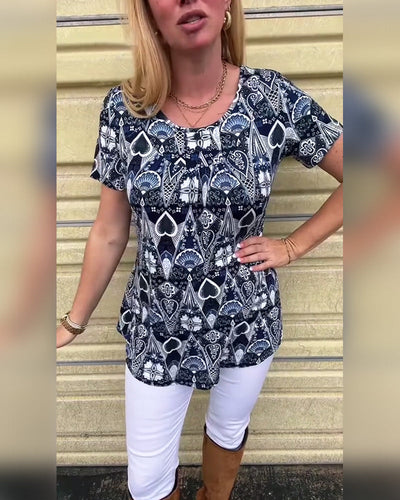 T-shirt décontracté rétro col rond imprimé