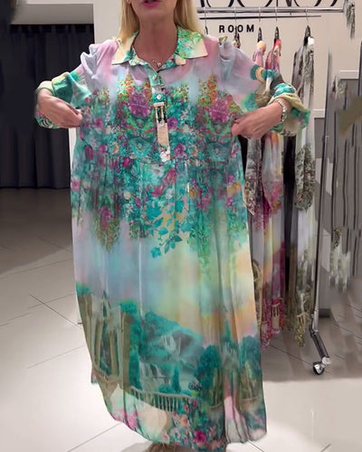 Robe Manches Lanterne Col Chemise Imprimée Longue