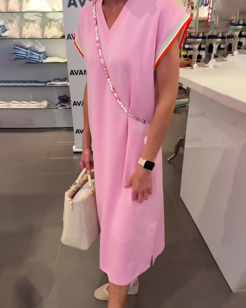 Robe Manches Feuille De Lotus Encolure V Fente Décontractée