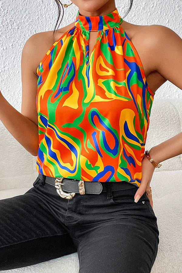 Top imprimé décontracté sans manches à col rond