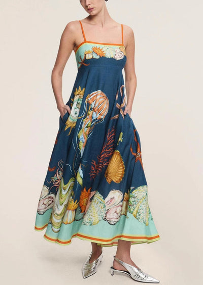 Sophie Paris® I Robe sans manches en lin avec bretelles fines et imprimé Marine italienne